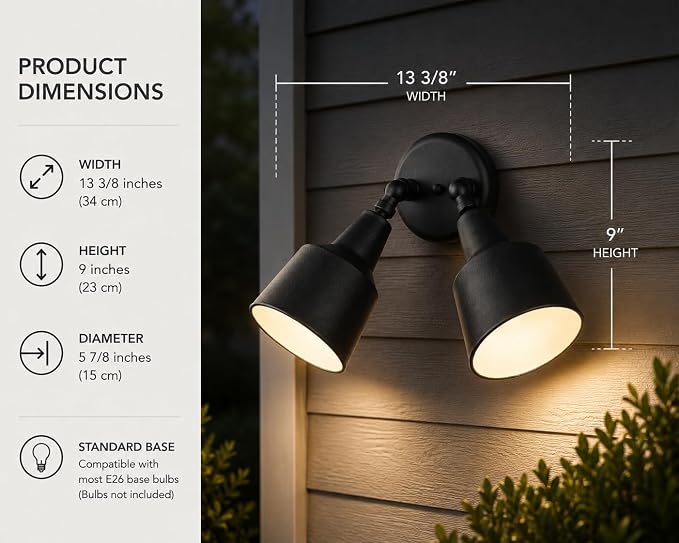 Generation Lighting 2-Light 12.5-Inch Adjustable Flood Light in Black | Wet-Rated Aluminum Fixture with Matching Shade, an Exterior Lighting Fixture and Outdoor Lamp for Home Security or Driveway
