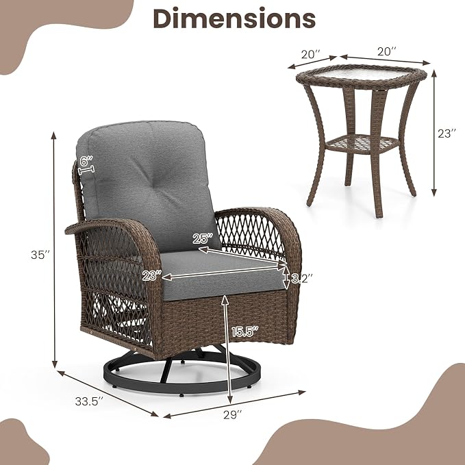 ORALNER 3 Pieces Wicker 360° Swivel Rocker Set Patio Furniture, Rocking Chairs with Cushions, Tempered Glass Coffee Table, Outdoor Rattan Bistro Set for Balcony Front Porch Deck Poolside (Gray)