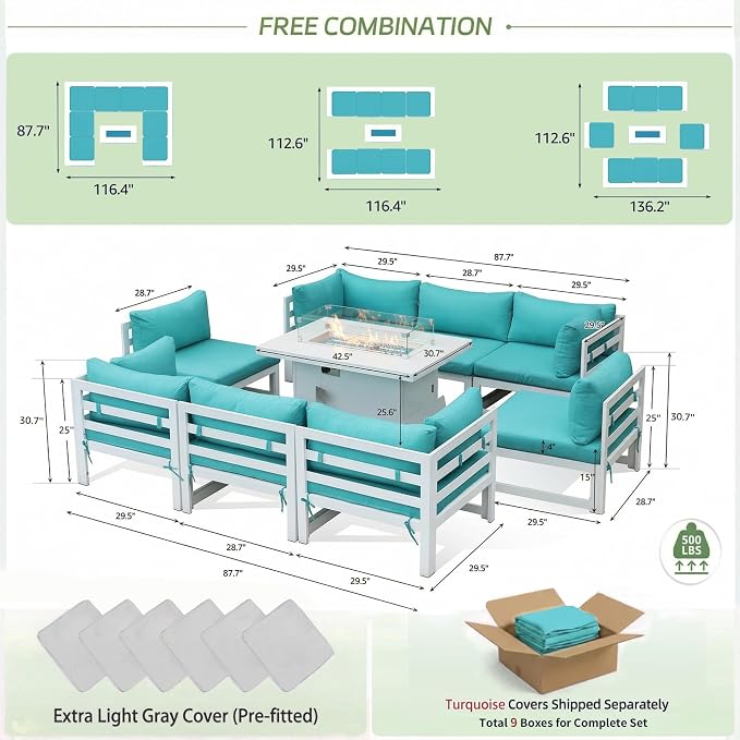 RADIATA 8 Person Modern Aluminum Outdoor Patio Furniture Set with Fireplace, 29 inch Wide Deep Seating, Fade Resistant L-Shaped Sectional Couch, Plus Size Conversation Set for Backyard Terrace, Teal