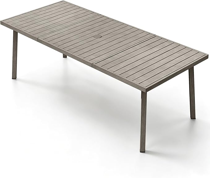 Outdoor Dining Table for 8, Never-Rust Aluminum Patio Dining Table, 82"×35" Large Rectangle Patio Table with Umbrella Hole, Outdoor Table with Wood-Like Texture for Deck, Porch, Gray Oak