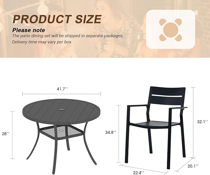 VICLLAX Patio 5 Pieces Outdoor Dining Set, Wrought Iron Metal Outdoor Table and Chairs Set, 40.6" Round Table with Umbrella Hole and 4 Stackable Chairs for Lawn, Garden, Porch, Dark Grey/Black