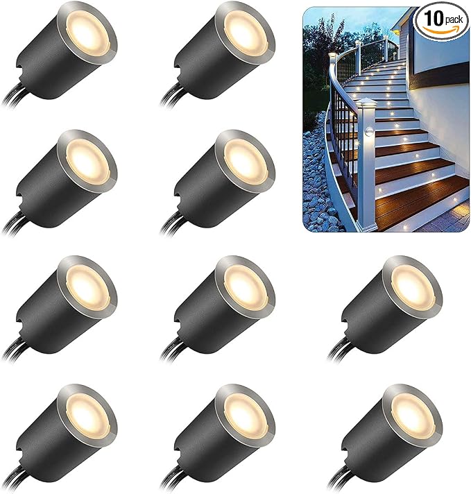 10 Pack Recessed LED Deck Light Kits with Protecting Shell, 32mm, Warm White, IP67 Waterproof, 12V Low Voltage, for Outdoor Garden, Patio, Stair, Kitchen Decoration