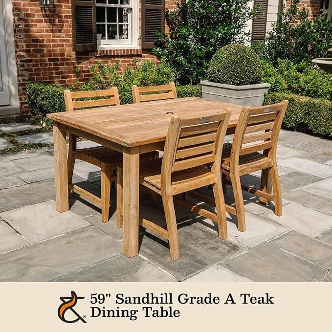 TITAN GREAT OUTDOORS Ash & Ember Sandhill Grade A Teak Dining Table, 59" Outdoor Patio Wood Table, Premium Joinery, Hand-Sanded Craftsmanship, Solid Brass Hardware, Fits Standard Patio Umbrellas
