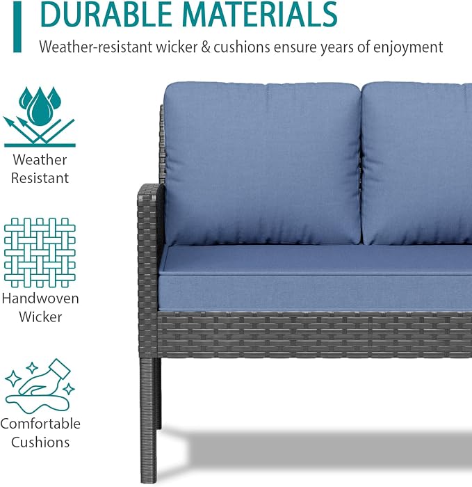 7-Piece Patio Furniture Set, All-Weather Wicker Sectional Sofa with Seat & Back Cushions, Long Glass Coffee Table, Outdoor Rattan Conversation Set for Garden, Porch, Lawn, Blue