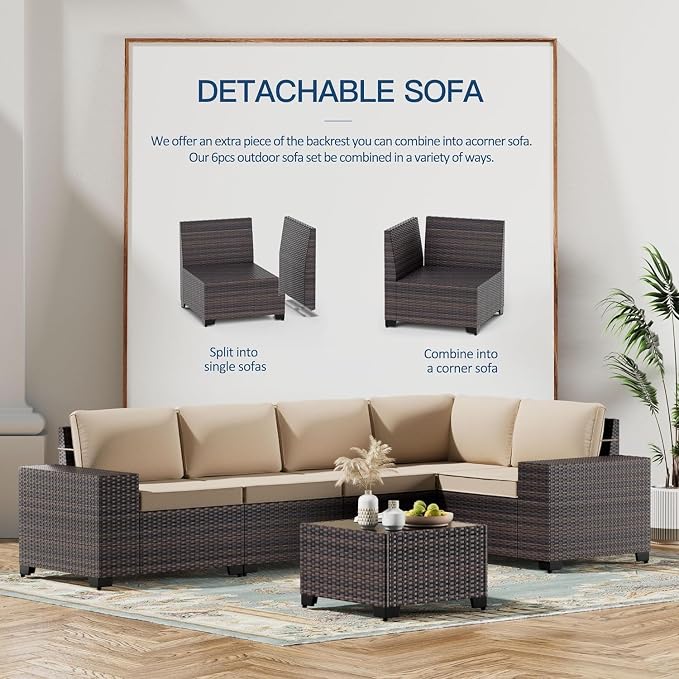 6 PCS Outdoor Patio Furniture Set,Outdoor Sectional Furniture All Weather PE Rattan Wicker Patio Conversation Set with Coffee Table and 5 Thickened Cushions,Sand