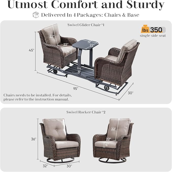 Rilyson Luxury Outdoor Wicker Glider Rocker Chairs for 4 Person, Outdoor Furniture Sets with 2 Piece Wicker Swivel Rocker Chairs, Rattan Glider Rocker Chairs with Table for 2 Seats Brown/Beige