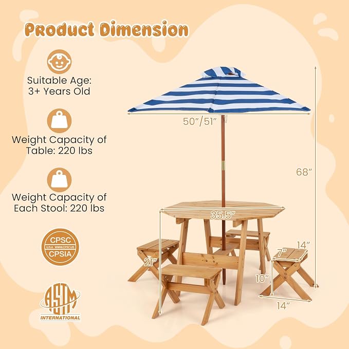 HONEY JOY Kids Picnic Table, Fir Wood Octagon Table & 4 Stool Set, Stripe Fabric Umbrella, Toddler Picnic Table for Outdoors, Children Backyard Furniture for Patio Garden (Natural)