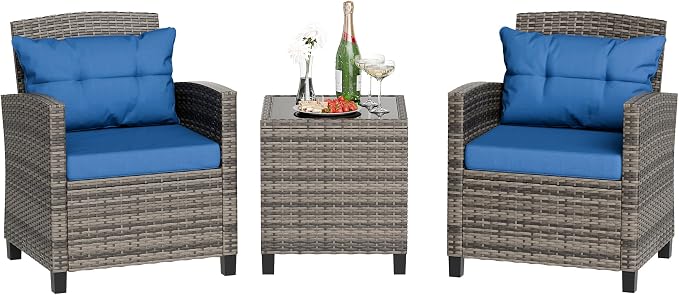 JAMFLY 3 Piece Wicker Patio Furniture Set - Outdoor Rattan Conversation Set with Soft Cushions & Glass Coffee Table for Balcony, Porch, Small Backyard - All Weather Blue Bistro Set, Blue