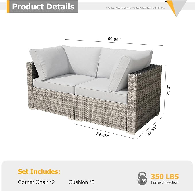 HOOOWOOO Patio Sectional Furniture Set,2 Piece Couch Set with 2 Matching Corner Chairs(Orange Red)