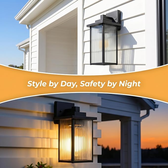 13-Inch Matte Black Outdoor Wall Light, All-Metal Frame Porch Light | Textured Glass Softens Glare, Stays Bright. Waterproof Rust-Resistant Metal. Pre-Assembled DIY Install on Porch, Garage