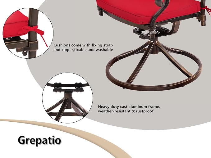 Grepatio 5 Piece Cast Aluminum Patio Dining Set, Outdoor Furniture Set with 4 Swivel Rocker Ding Chairs, 4 Cushions and 35.4" Square Patio Table with 2.4" Umbrella Hole, Antique Bronze (Red)