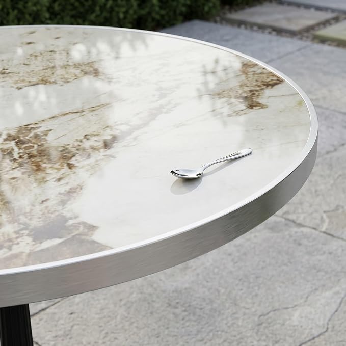 31.5 Inch Round Outdoor Patio Dining Table, Sintered Stone Bistro Table with Cast Iron Pedestal Base for Balcony Garden Poolside Cafe, Seats 2 to 4, Ivory Marble