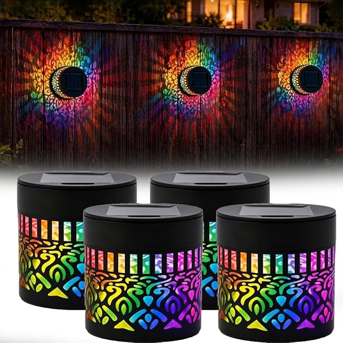 Solar Mandala Lights Outdoor Wall, 7-Color Changing Decorative Solar Mandala Lights, Waterproof Metal Fence Lights for Garden Post Patio Backyard Decor