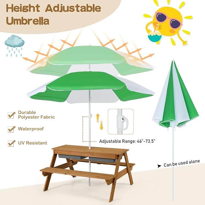 KOTEK Kids Picnic Table, 4 in 1 Sand and Water Table w/Detachable Tabletop, 2 Removable Play Boxes, Foldable & Height Adjustable Umbrella, Wood Sensory Table and Bench for Outdoors, Indoors (Natural)