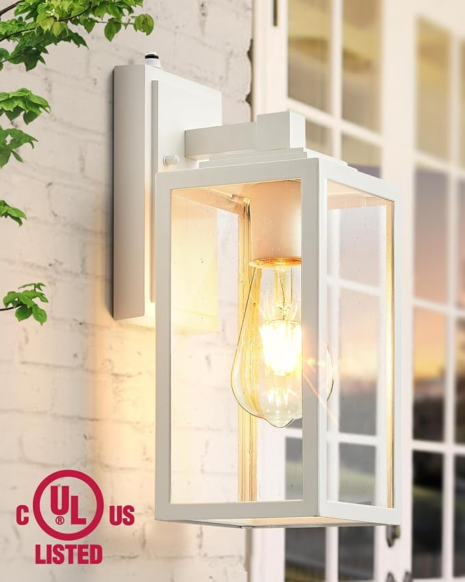 VIANIS 2 Pack White Dusk to Dawn Outdoor Wall Lantern, Waterproof Modern Outdoor Lighting Fixture Wall Mount for Garage, Anti-Rust Exterior Sconce Light with Tempered Seeded Glass for Entryway