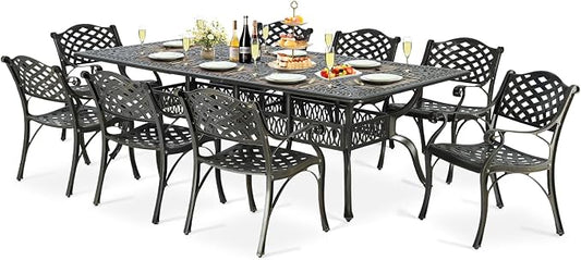 9-Piece Patio Cast Aluminum Dining Set, Outdoor Table and Chairs Set for 8, Includes 94.5" Rectangular Dining Table and 8 Chairs with Umbrella Hole, Patio Furniture Set for Deck Garden