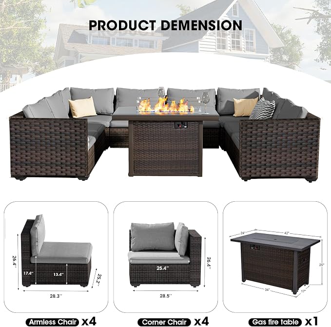Patio Furniture Set 9 Pieces with 44" Fire Pit Table, Rattan Outdoor Sectional Conversation Sets, All Weather Outdoor Furniture Set with Cushions for Garden Lawn Balcony Porch Deck Grey