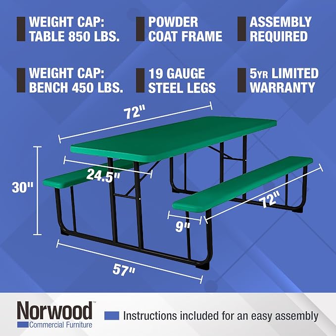 Norwood Commercial Furniture Rectangular Picnic Table with Benches, Blow-Molded Plastic Portable Outdoor Picnic Table, Green