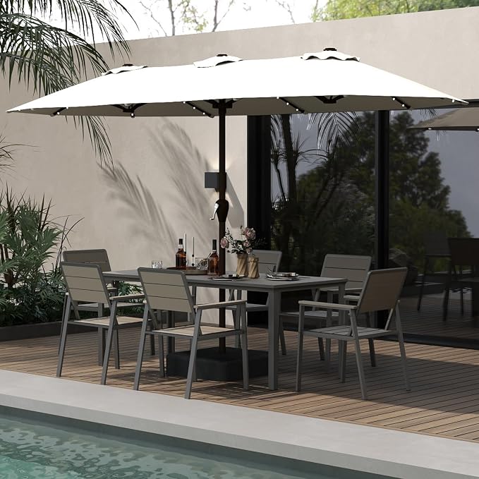 7-Piece Outdoor Dining Set with 15FT Umbrella,Grey | HDPE table, chairs included, aluminum frame, 2" hole design, weather-resistant furniture, perfect for backyard, deck, garden