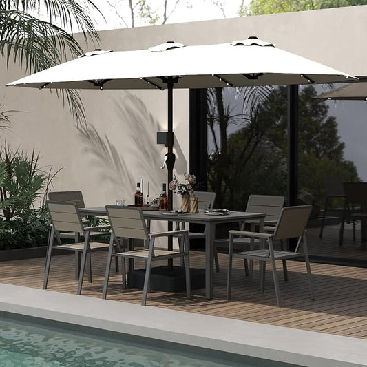 7-Piece Outdoor Dining Set with 15FT Umbrella,Grey | HDPE table, chairs included, aluminum frame, 2" hole design, weather-resistant furniture, perfect for backyard, deck, garden