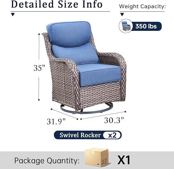 Luxury High Back Outdoor Swivel Rocker Patio Chairs with Side Table & 6-Inch Thick Cushions, 2 Pieces Patio Furniture Set for Porch, Balcony, Deck and Yard