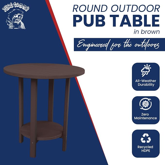Phat Tommy Round Bar Height Patio Table - Outdoor Bar Table - Balcony Height Patio Furniture for Your Deck - Poly Outdoor Furniture, Brown