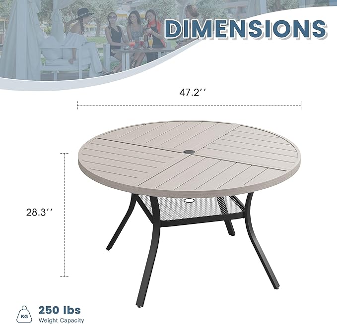 DIFY 47.2" Round Outdoor Patio Dining Table for 6, All-Weather Metal Steel Slatted Patio Table with 1.57" Adjustable Umbrella Hole, for Lawn Garden Porch Backyard, Grey Wood-Like