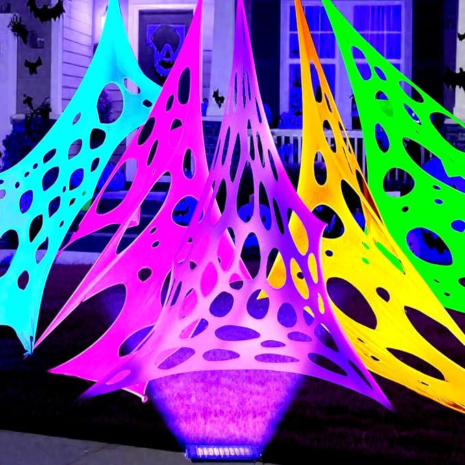 Glow in the dark 1300 Sqft 5 colors Uncut Giant Spider Web Cowebs Halloween Decorations Outdoor with 1 Black Light &10 Ground Nails Stretchy Beef Cloth Netting DIY Flexible for Yard Party Decor