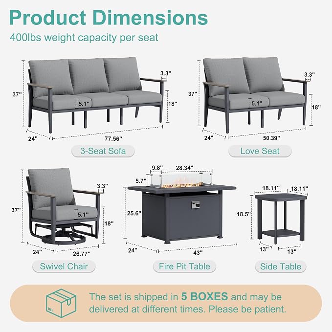 Aluminum Outdoor Patio Furniture Set with Swivel Rocking Chairs 7-Seat, Patio Sectional Sofa Patio Conversation Set with 55,000 BTU Fire Pit Table High Backrest & Thickened Cushions, Grey