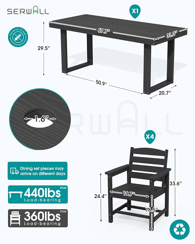 SERWALL HDPE Outdoor Dining Set for 4, 67'' Patio Table and Chairs Set | with Armchair Seat