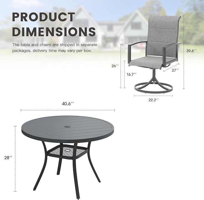 Outdoor Dining Set for 4, 40.6" Outdoor Dining Table with Umbrella Hole and Padded Textilene Patio Swivel Chairs, 5 Pieces Patio Table and Chairs Set for Garden Backyard, Grey and Dark Grey