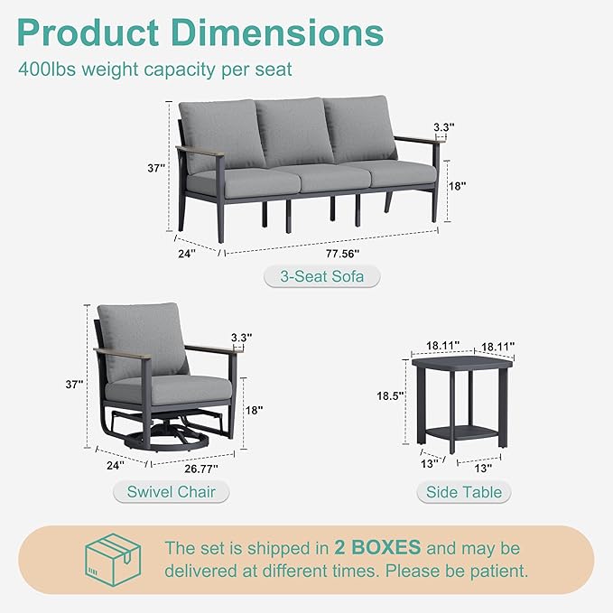 Aluminum Outdoor Patio Furniture Set 5-Seat, Patio Conversation Set Sectional Furniture Set with Swivel Rocking Chairs High Backrest & Thickened Cushions for Garden, Backyard, Poolside, Grey