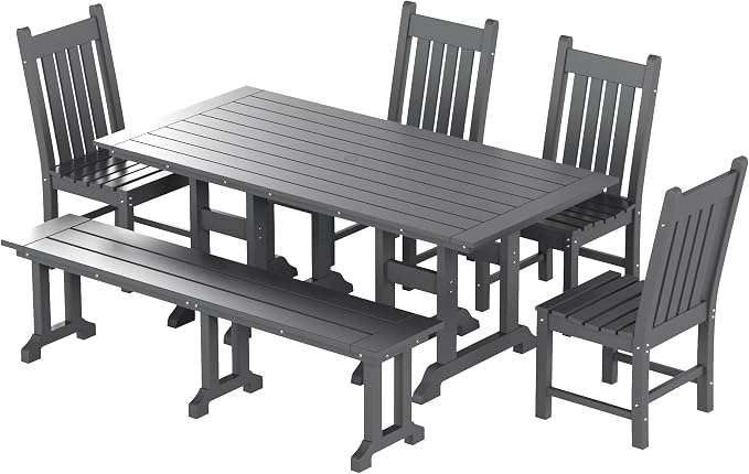 WO Home Furniture Adirondack Patio Dining Chair Table Bench Set of 6 PCS Rectangle Dinner Table Dining Armless Chairs (Gray)