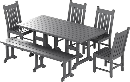 WO Home Furniture Adirondack Patio Dining Chair Table Bench Set of 6 PCS Rectangle Dinner Table Dining Armless Chairs (Gray)