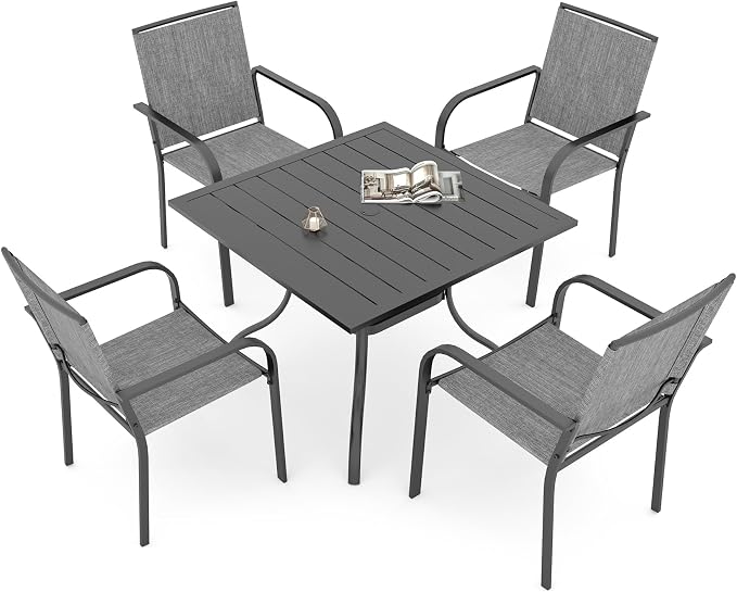 5 Piece Outdoor Dining Set with Grey Stackable Chairs and 35" Square Table | 4 Piece Stackable Chairs, Textilene Seat&Back, Metal Table, Slat Table Top, 4 Person Use, 1.57" Umbrella Hole, All Weather