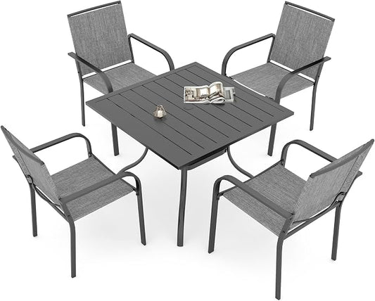 5 Piece Outdoor Dining Set with Grey Stackable Chairs and 35" Square Table | 4 Piece Stackable Chairs, Textilene Seat&Back, Metal Table, Slat Table Top, 4 Person Use, 1.57" Umbrella Hole, All Weather