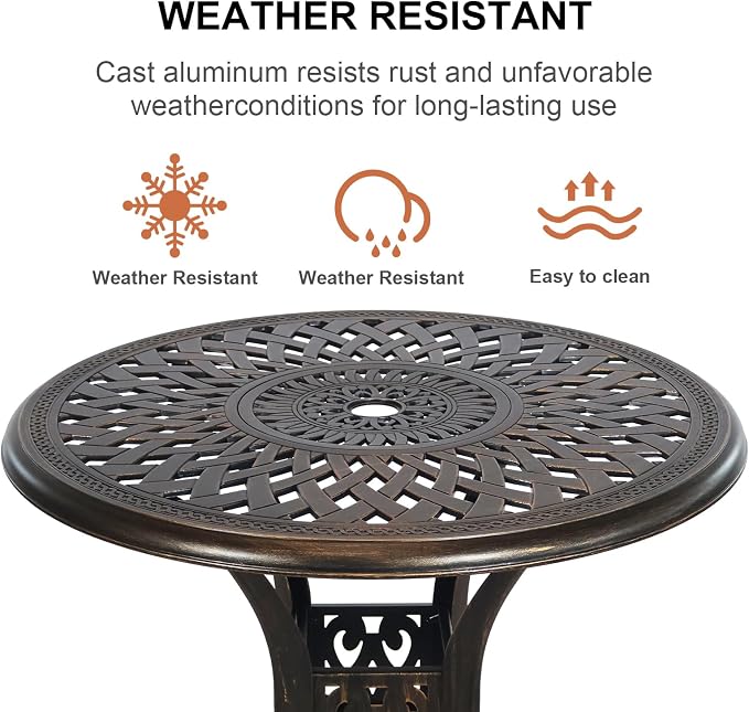 30.31" Outdoor Patio Dining Table, Cast Aluminum Patio Bistro Table, Round Patio Metal Table, Patio Furniture Set with 2.36" Umbrella Hole for Balcony Lawn Garden Backyard