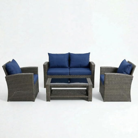 4 Pieces Outdoor Patio Furniture Set, PE Wicker Patio Conversation Set with Cushions and Tea Table, All-Weather Outside Rattan Sectional Sofa for Backyard,Porch, Garden, Balcony, Navy