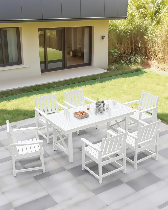 Outdoor HDPE Dining Table Set, 7-Piece Patio Dining Furniture Sets with Umbrella Hole Table and 6 Chairs for Backyard, Poolside, Garden and Lawn, White