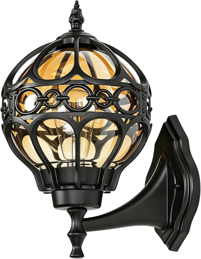 Black Globe Outdoor Wall Lights, Round Exterior Wall Sconce for Patio, Porch, Garage, Anti-Rust Aluminum Wall Mount Lighting Fixture, Classic Wall Lantern with Ornate Cage & Amber Glass, E26 Base