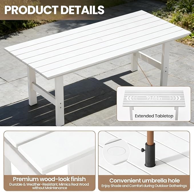 Outdoor Dining Set,5-Piece Patio Table and Chairs Set for 4, HDPE Outdoor Dining Table and Chairs with Umbrella Hole, All-Weather Patio Dining Furniture Set,White