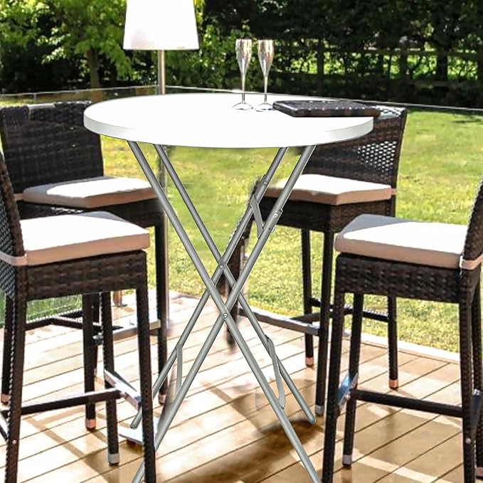 32in Cocktail Table, Plastic Folding Round High Top Indoor Outdoor Use, Foldable Bar Height Table for Parties and Commercial Events (White)