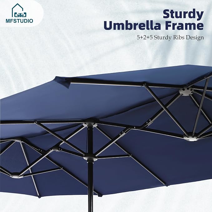 MFSTUDIO Patio Dining Set with Umbrella, Outdoor Dining Set for 6 Persons, Patio Furniture Set with 1 Rectangular Table Fixed Chairs 2 Swivel Chairs & Navy Blue Umbrella (Base not Included)