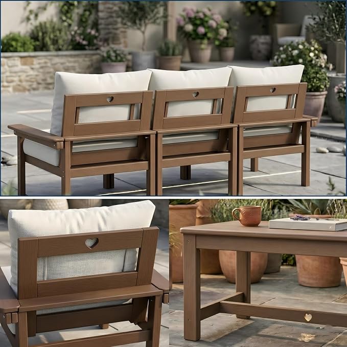 HDPE 3 Piece Patio Furniture Set, All-Weather Outdoor Couch Bistro Set with Thick Cushions & Side Table, Patio Conversation Sets for Lawn, Porch, Garden, Balcony, Deck, Poolside, Teak & Beige