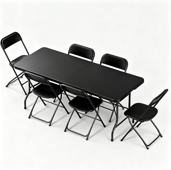 6FT Plastic Folding Table Set with 6 Black Folding Chairs, Portable Heavy Duty Table and Chair Set for Picnic, Party, Training, Wedding, Outdoor Activities, Home & Commercial Use