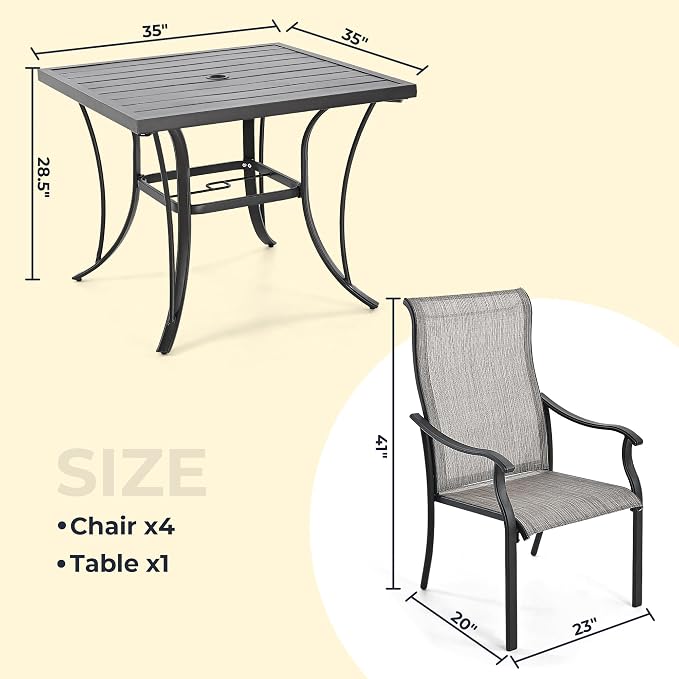 HAPPATIO Patio Dining Sets,5 Piece Outdoor Dining Set,4 Textilene Dining Chairs and 1 Square Dining Table with Iron Slat Table Top. Easy to Maintain and Weather-Resistant. (Grey)