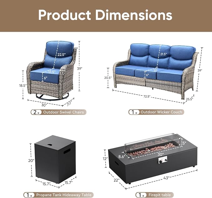 HUMMUH Luxury Patio Furniture Set 6-inch Thick Cushions High Back Swivel Rocker Chairs & 3 Seater-Couch & Steel Fire Pit Table 5 Pieces Outdoor Conversation Set for Porch,Deck,Backyard