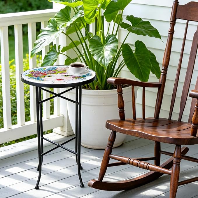 Mosaic Outdoor Side Table Small Round Patio Table Plant Stand | 21" Accent End Table with 14" Ceramic Tile Top for Small Spaces Porch Pool Garden Decor Indoor Living Room Bedroom Balcony