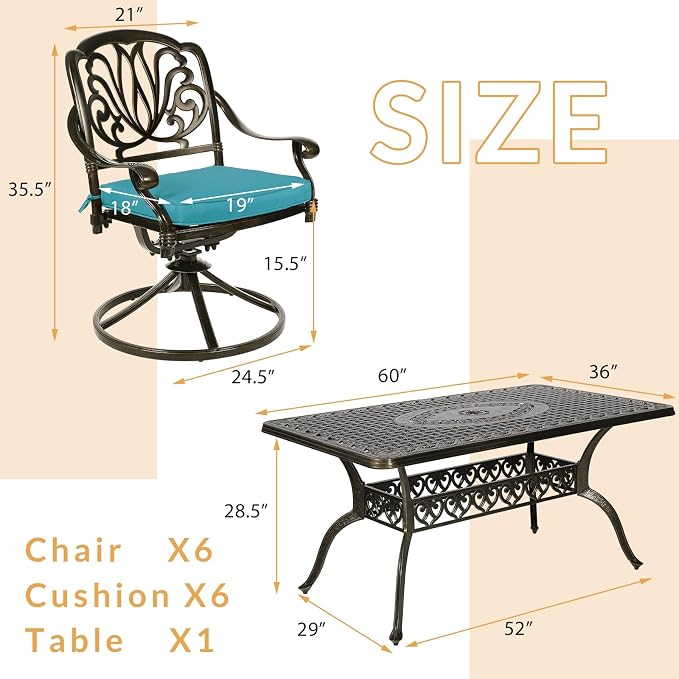 7-Piece Outdoor Patio Dining Set, 60” Rectangular Cast Aluminum Dining Table with Umbrella Hole and 6 Cushioned Swivel Rocker Chairs, Patio Funiture Set for Backyard, Patio, Garden, Blue