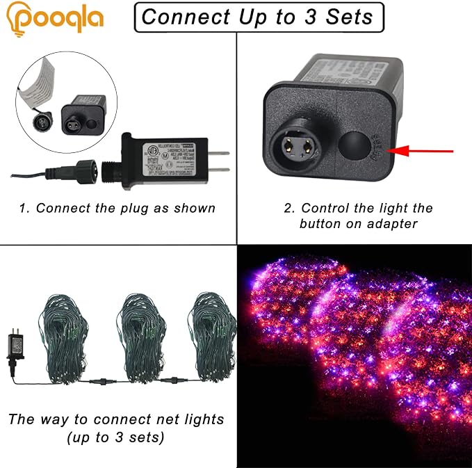 Orange and Purple Halloween Net Lights Outdoor, 15x 5ft Green Wire | 300 LED Large Net Mesh Lights Plug in, 8 Modes Waterproof Connectable Bushes Lights for Halloween Hedge Yard Decor